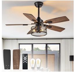 BvenuBigLite Farmhouse Fandelier Ciling Fans: 42 Inch Outdoor Rustic Caged Ciling Fan with Lights DIY Dual Finish Black & Walnut - Industrial Reversib