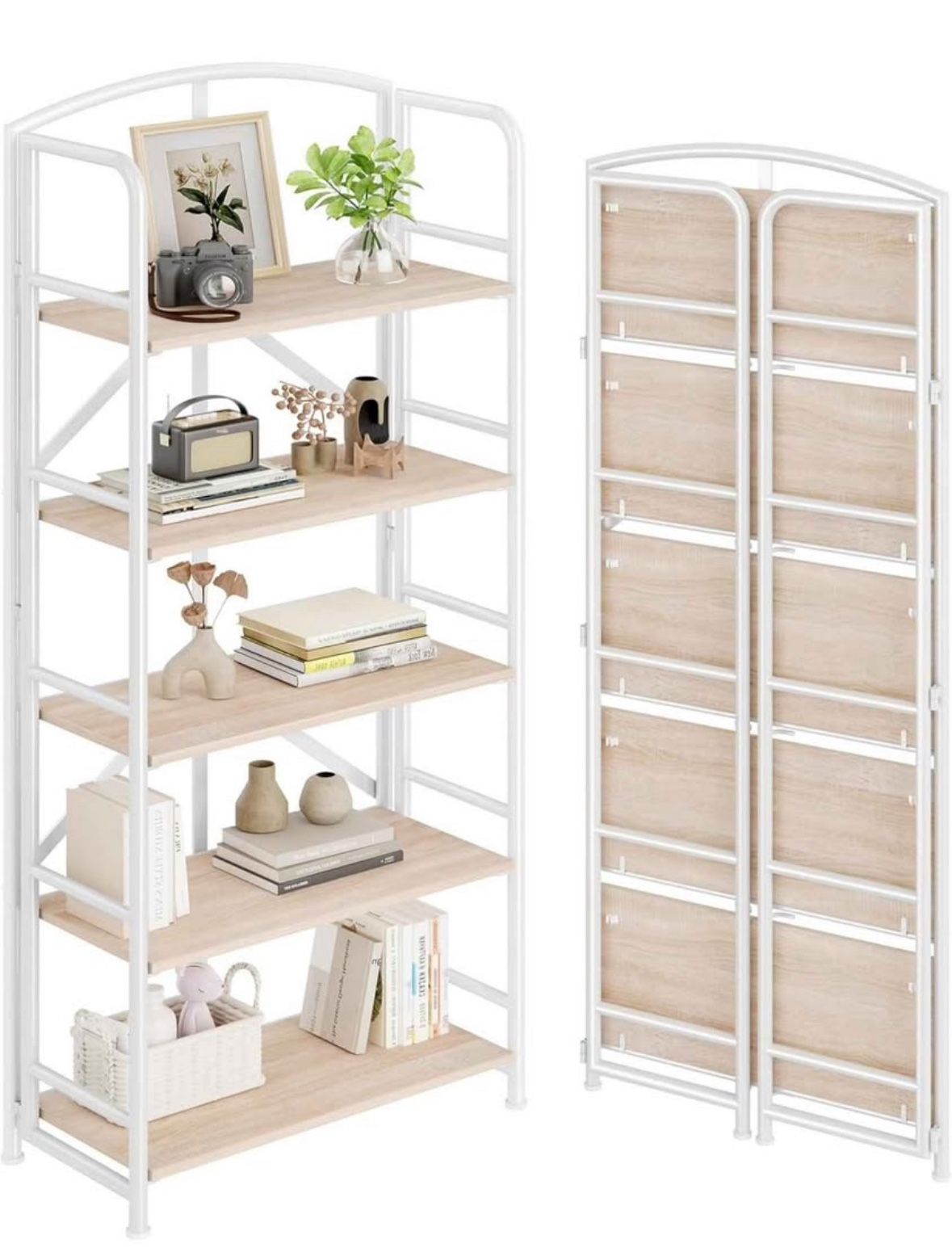 No-Assembly Folding Bookshelf Storage Shelves 5 Tiers Vintage Multifunctional Plant Flower Stand Sto