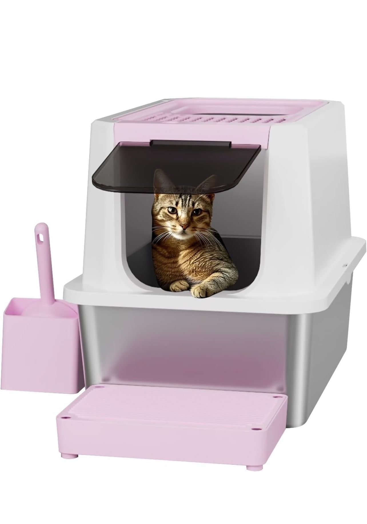 RIZZARI Stainless Steel Cat Litter Box, Odorless Enclosed Litter Box with Top Holes, Large Litter Pan for Small to Large Sized Cats (Pink, 24" L*16"