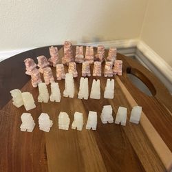 Vintage Hand Carved Mexican Aztec Stone Onyx Marble Chess Set  of 32 Pieces ( No Board)