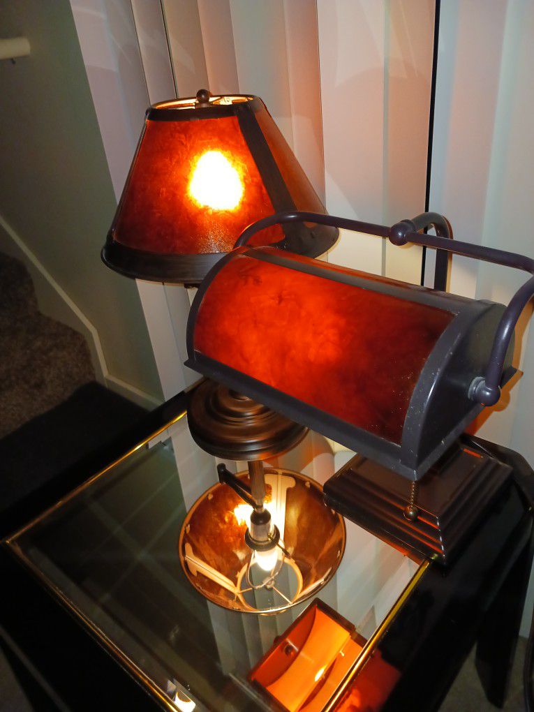 Lamps Set Of Bankers Lamps Both Have Brass  Hardware Cheyenne Designed Antique Style Brass Mica Shades 