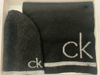 NWT Calvin Klein CK Logo Men's Matching Winter Hat and Scarf Set Black