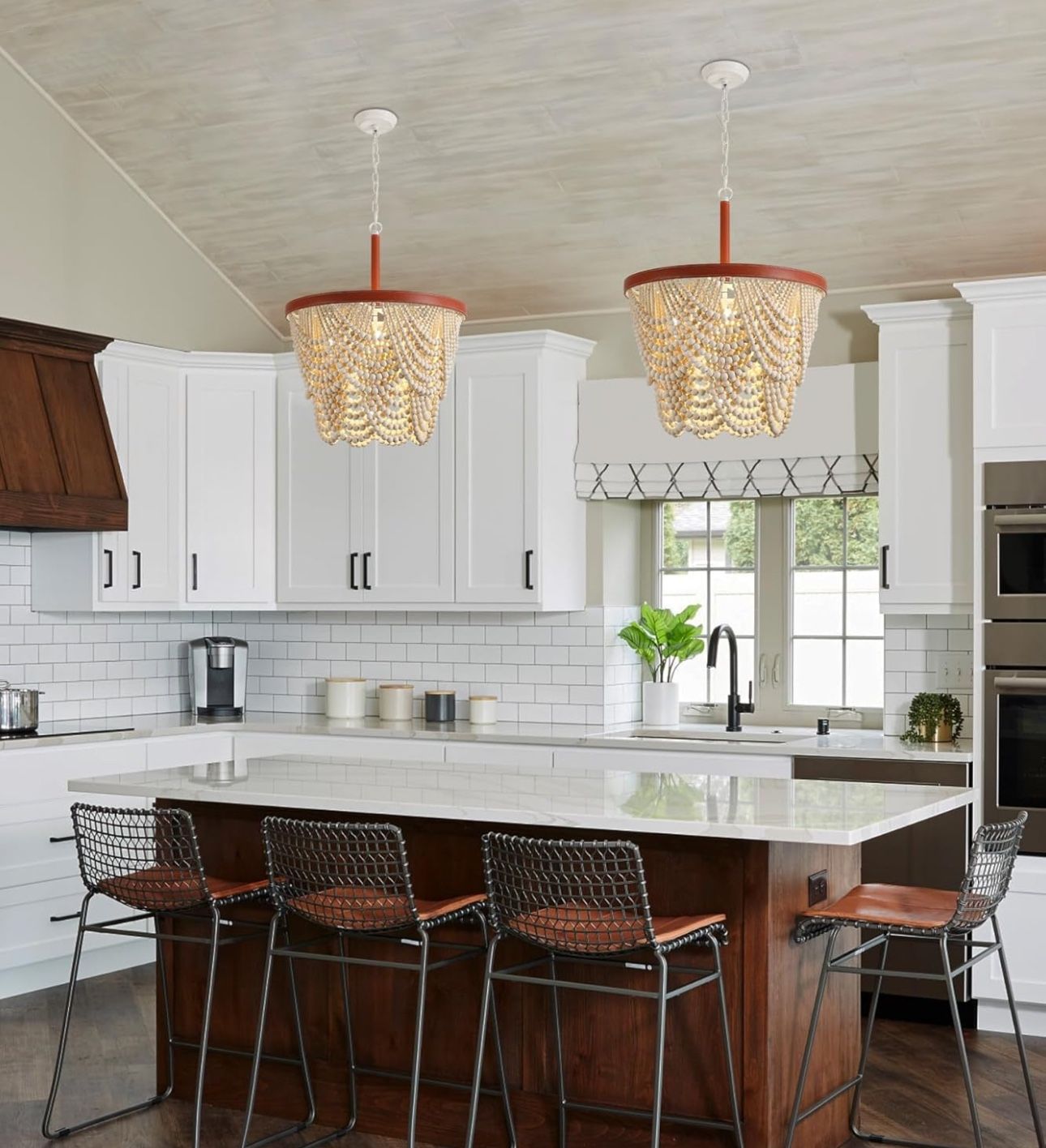 Wood Beaded Chandelier,Rustic Boho Pendant Light Fixture Drop Light for Foyer Living Room Bedroom Kitchen Dining Room Entryway Foyer Suspension Lamp,