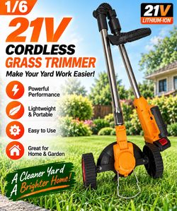 NEW 21V Cordless Weed Wacker – 2 Batteries + Wheels