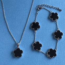 2pc Necklace + Bracelet Set- Silver & Black Pendant with Chain  *Ship Nationwide Or Pickup Boca Raton 