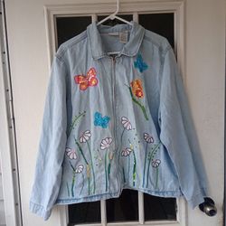 Vintage White Stag Denim Embroidery Butterfly Flower Garden Zip Jacket XL Women