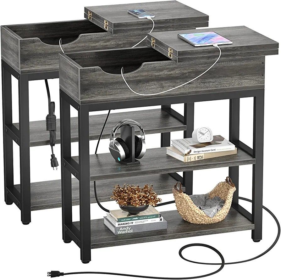Aheaplus Sofa Side Table with USB Ports and Outlets, Narrow End Table Set of 2 with Charging Station, Bedside Nightstand with Storage Shelves,