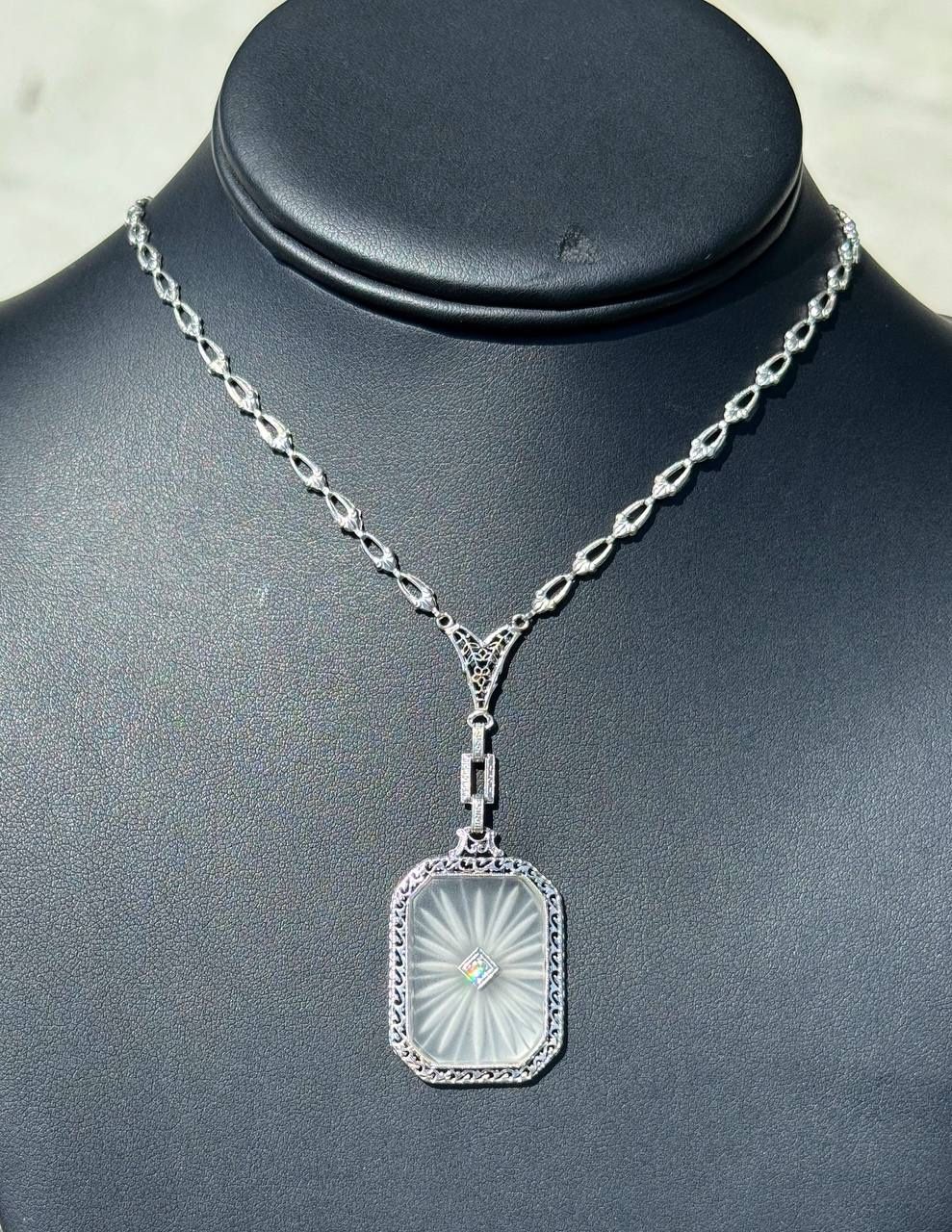 Art Deco Antique Jewelry 14k white gold natural diamond 0.03CT. Camphor Glass necklace chain 16.00" 4.00mm width