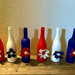 Patriotic Decorative Bottles With Red, White, Blue Paint 