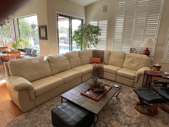 Palliser 5-Piece Custom Leather Sectional | Queen Sleeper + 2 Recliners Neutral Cream Color
