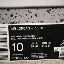 AIR JORDAN 4 RETRO UNIVERSITY BLUE/BLACK BLEU CAROLINA/GRIS TECH/NOIR 10