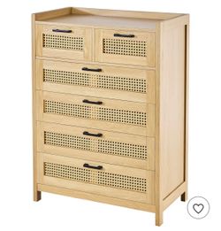 5 Drawer Rattan Dresser, Boho Dresser, Rattan Chest of Drawers with Spacious Storage, Natural Rattan Dresser, Wood Color