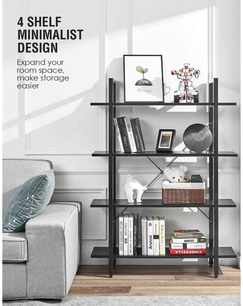 Wood Bookshelf 4 Tier 41Wx12Dx55H inches Bookcase Solid Industrial Bookshelf, Sturdy Bookshelves w/ Steel Frame Storage Organizer Hom