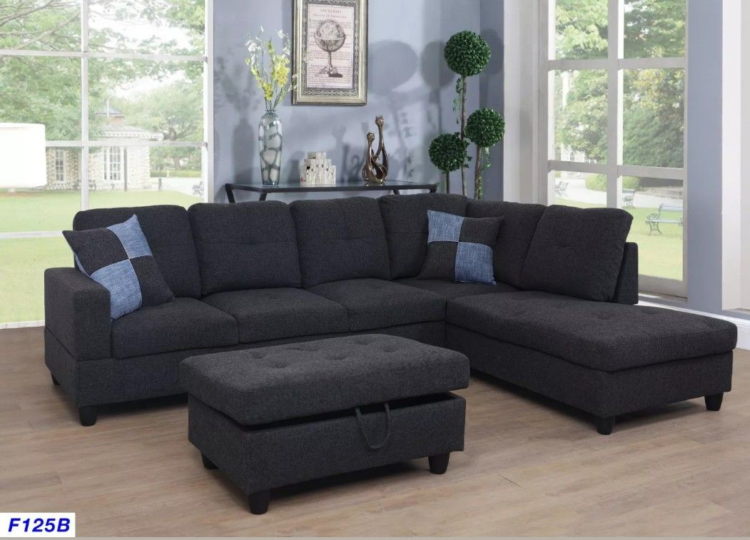 New Charcoal Grey Linen Sectional with Storage Ottoman