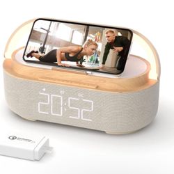 COLSUR Bluetooth Speaker Alarm Clock with Wireless Charger, FM Radio, Adjustable LED Night Light, 6 in 1 Bedroom Portable Speaker 2500mAh, Phone Stand