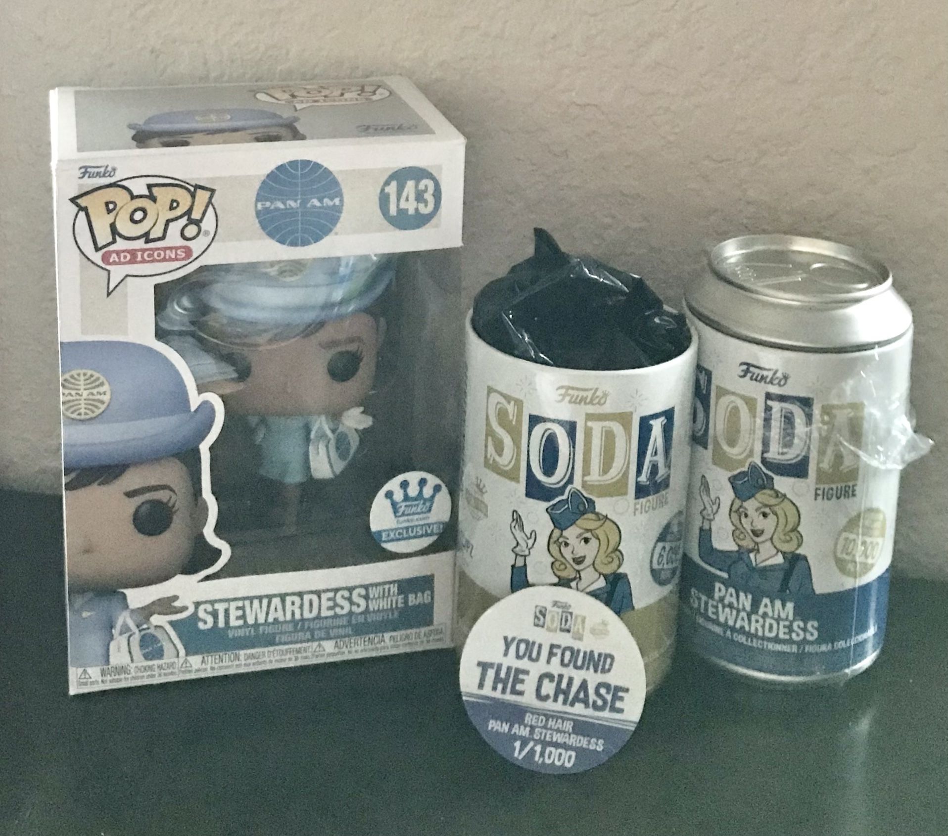 Funko SODA POP! Pan Am Stewardess Chase 1/1000 Red Hair & Common And POP! Stewardess with White Bag Limited Exclusive NEW! Cans are Opened, Bags are S