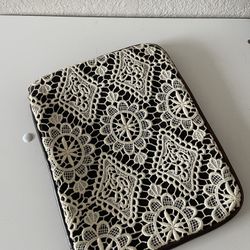 IPAD Brown Faux Leather And Cream Crochet Zipper Boho Sleeve Case Cover 8x10