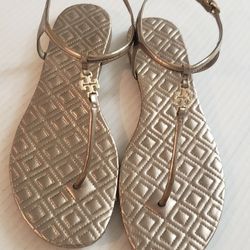 Tory Burch Marion Quilted Leather T-Strap Sandal in Mica Bronze Size 9 