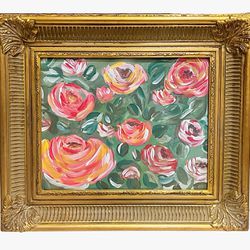 Original Floral Painting Abstract Flowers Gold Gilt Framed Art Canvas Expressive