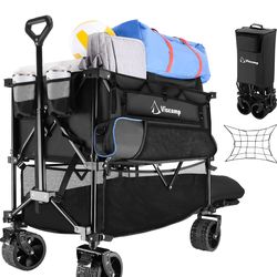 485LBS Double Decker Wagon, Beach Wagon Carts Foldable Heavy Duty Collapsible Wagon Double Decker Wagon Garden Cart Grocery Cart Beach Wagon with Big 