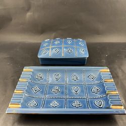 Vintage MCM Ashtray & Cigarette Smoking Box—Ceramic Card Suits Poker—Japan