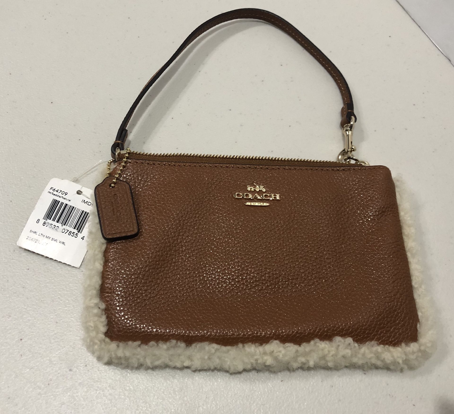 New Coach Leather & Shearling Wristlet