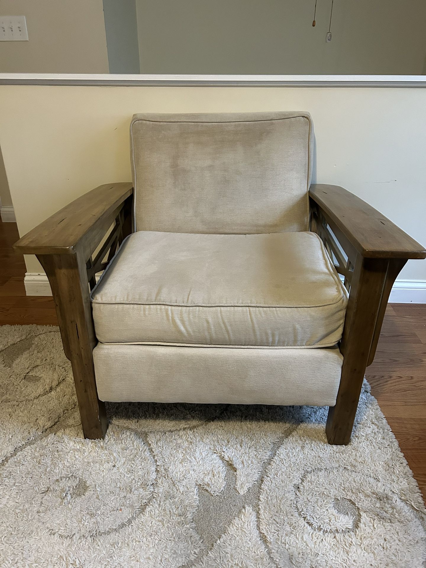 Rustic Wood Arm Accent Chair with Cushions Beige