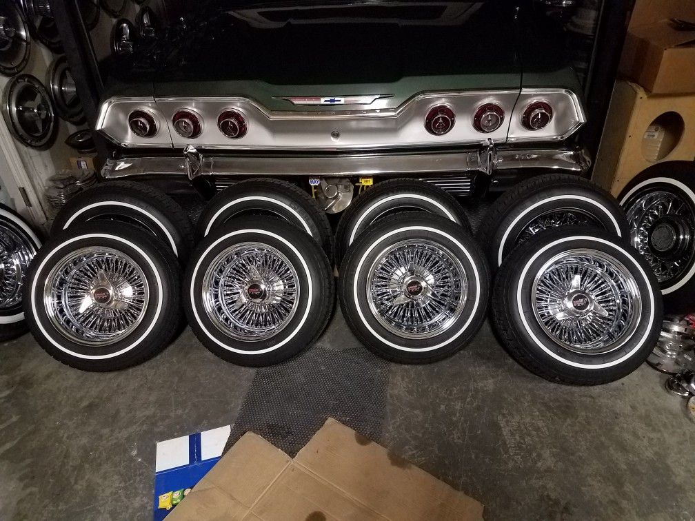 13 inch 72 spoke wire rims 3 wing Dayton knockoffs lowrider white wall tires cash or trade 13x7
