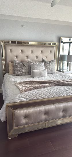 Z Gallerie King Size Mirrored Bed Frame wood and fabric