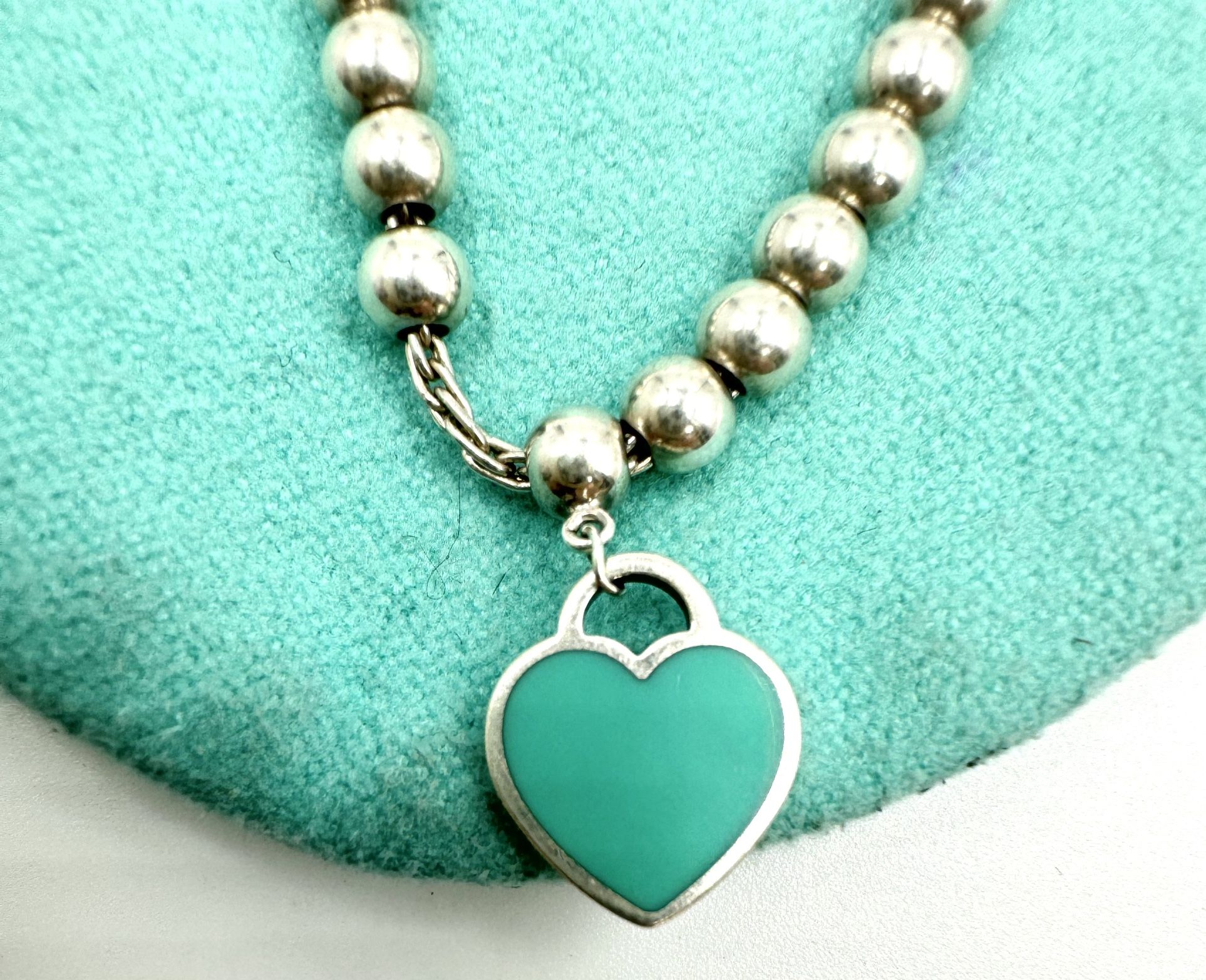 Tiffany & Co Sterling Silver Mini Blue Enamel Heart Beaded Bracelet 