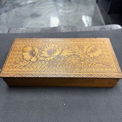 Antique Art Nouveau Utility Box – Pyrography Poppy Design – Flemish Arts & Crafts Era