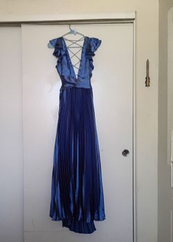 Blue Satin Pleated Formal Maxi Dress - Size L