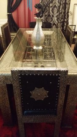 Moroccan Metal Leather Dining Table and Chairs
