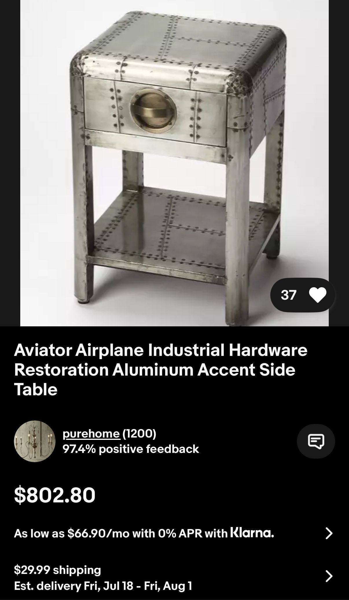Nightstand Silver Aviator End Table Real Metal Work Great Condition