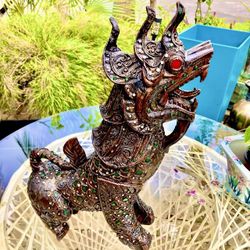 17.5” Vintage Thai Foo Dog Wooden Carved Embellished Colourful Decor: 12”W x 5”D x 17.5”H