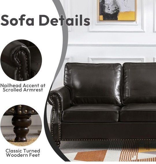 79'' Traditional Faux Leather Sofa Couch with Nailhead Trim Classic 3 Seater Couch with Rolled Arm for Living Room Bedroom Apartment Easy Assembl