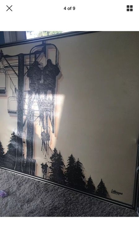 HUGE LETTERMAN Oil Painting Ski Skiing Chair Lift 54"w x 48" Ski House