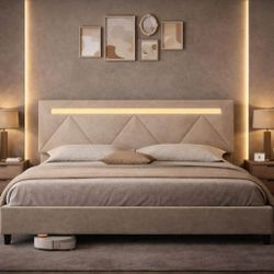 King size bed frame with LED Headboard, Upholstered Platform, Charging Station, beige D-42
