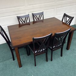 7-PC SLEEK BROWN FINISH DINING SET (TABLE AND 6 PADDED CHAIRS)