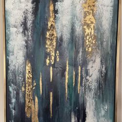 Modern Abstract Canvas Wall Art – Gold & Teal  ✨ Beautiful large abstract art piece featuring textured blues, teals, and whites with bold gold metalli