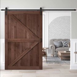 ROYMELO 54x84 Inch Sliding Barn Wood Door Slab With 9ft Hardware Kit And Handle, Coffee, K Shape, Simple DIY Assembly