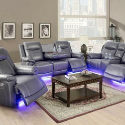 Brand New Gray Leather Baseball Stitched 3pc Reclining Set With A Drop Down Table Built In Cup Holders LED Lighting & Storage Compartment