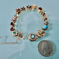 🎁 Rare Antique 14k Gold, Diamond & Gemstone Slide Bracelet , Early 1900’s