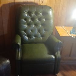 Vintage Push Back Green Leather Recliner On Casters