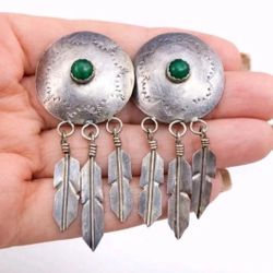 Vintage Native American Sterling Silver Malachite Concho Earrings 2.5" Pr 12g