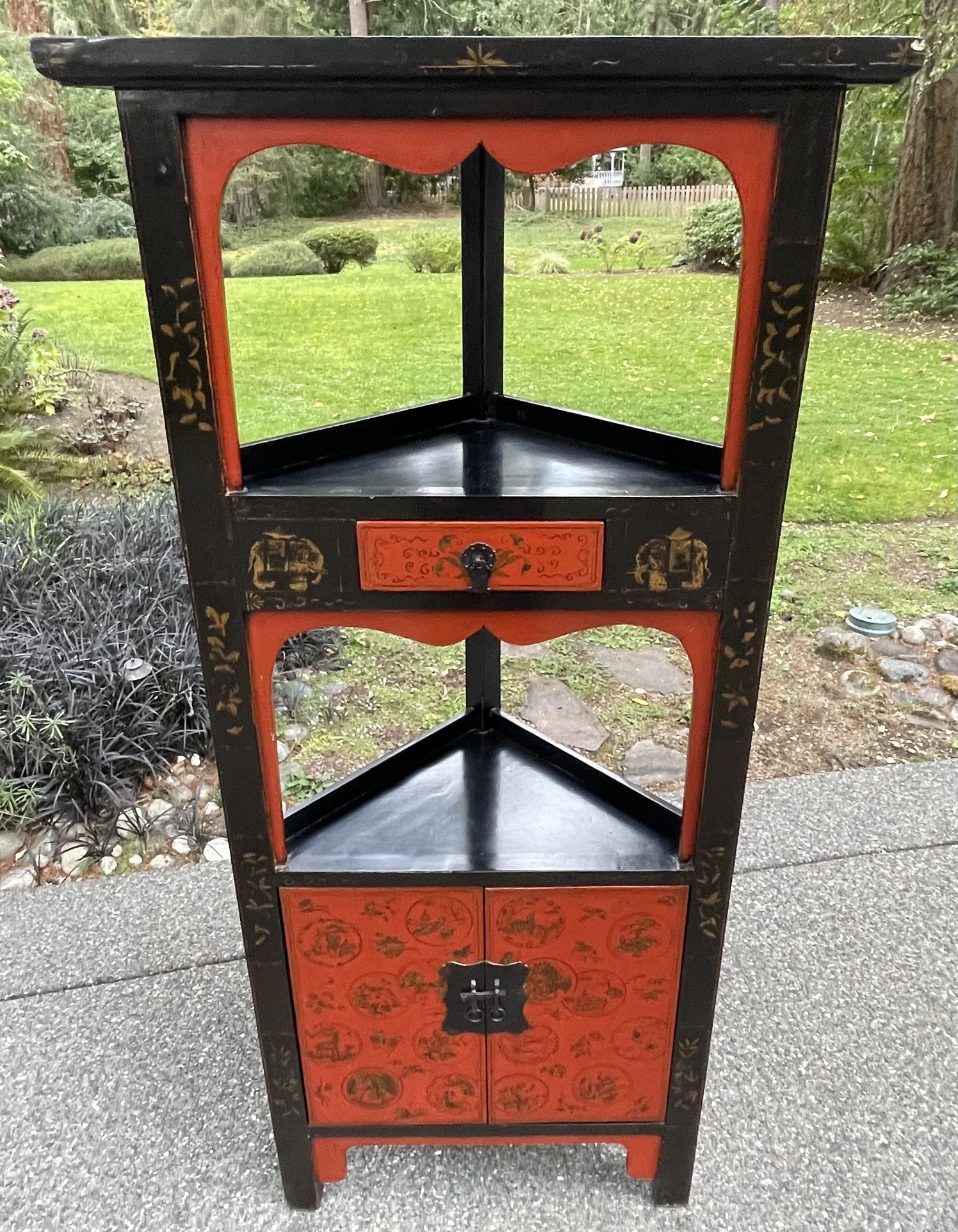 Vintage Asian Corner Cabinet With Shelves and Drawer - Excellent Condition