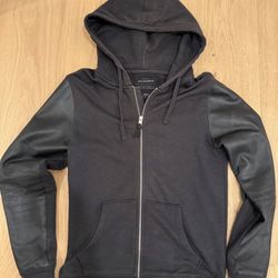($299) ALL SAINTS SPITALFIELDS COTTON/LEATHER HOODIE JACKET BLACK MEDIUM BIKER