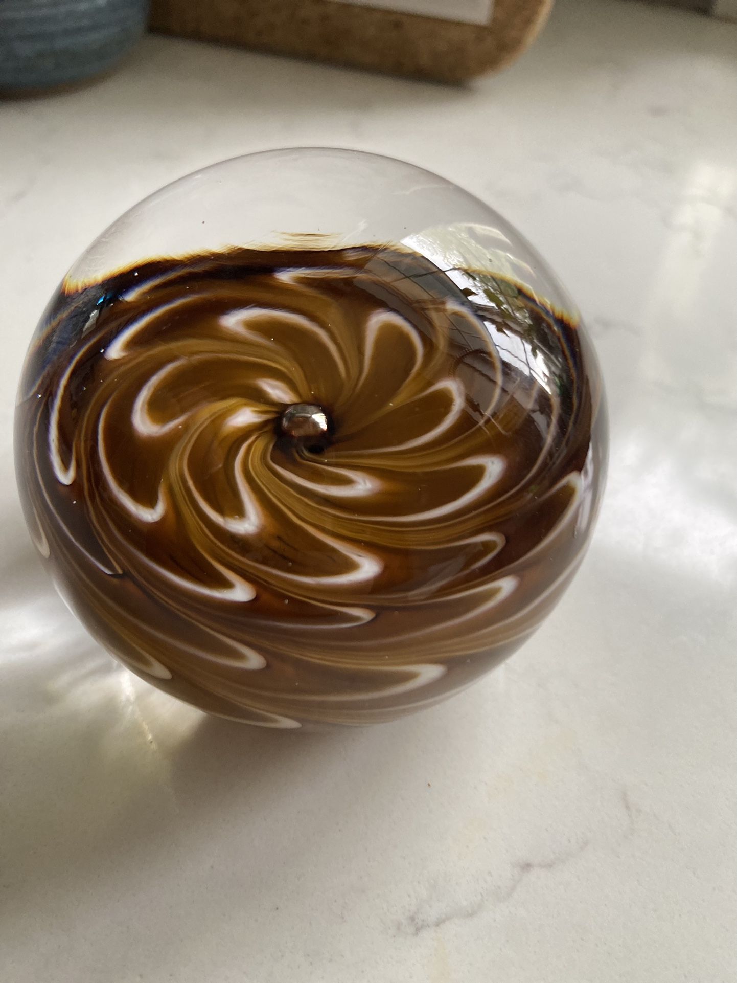 Beautiful Artist Signed Solid Paperweight Earthy Brown Tones / White that Swirl and Remind me of Feathers approx 3” Round