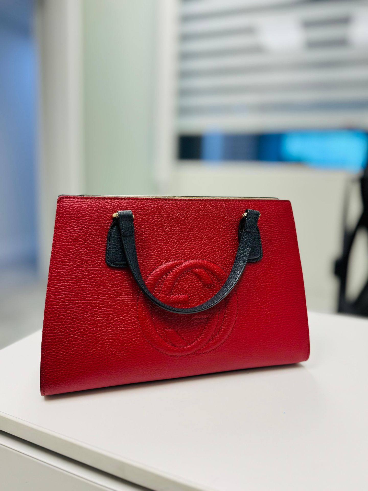 GUCCI Soho Interlocking 2-way Handbag Shoulder Bag Leather Navy Blue x Red.