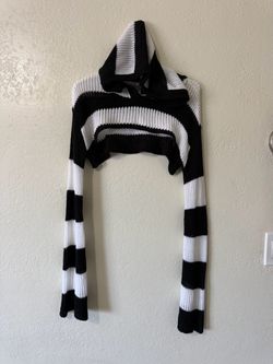 Social Collision Emo Black & White Striped Acrylic Top Long Sleeve Hoodie Sweater Size M
